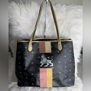 MCM Black Tote with Pink and Yellow Front Stripes and Gold Handles